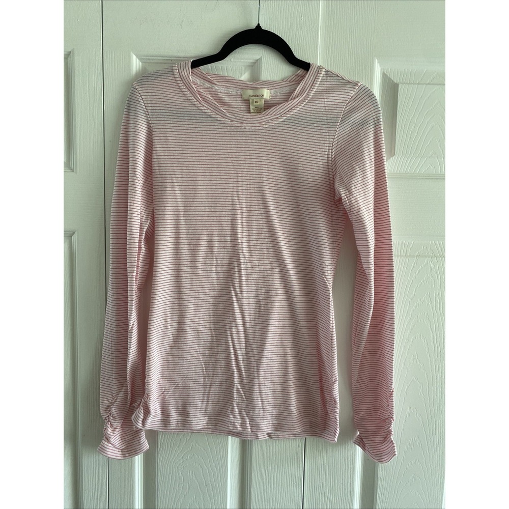 Sundance Ruched Striped Long Sleeve Tee Womens Size XS Pink White Cotton Shirt